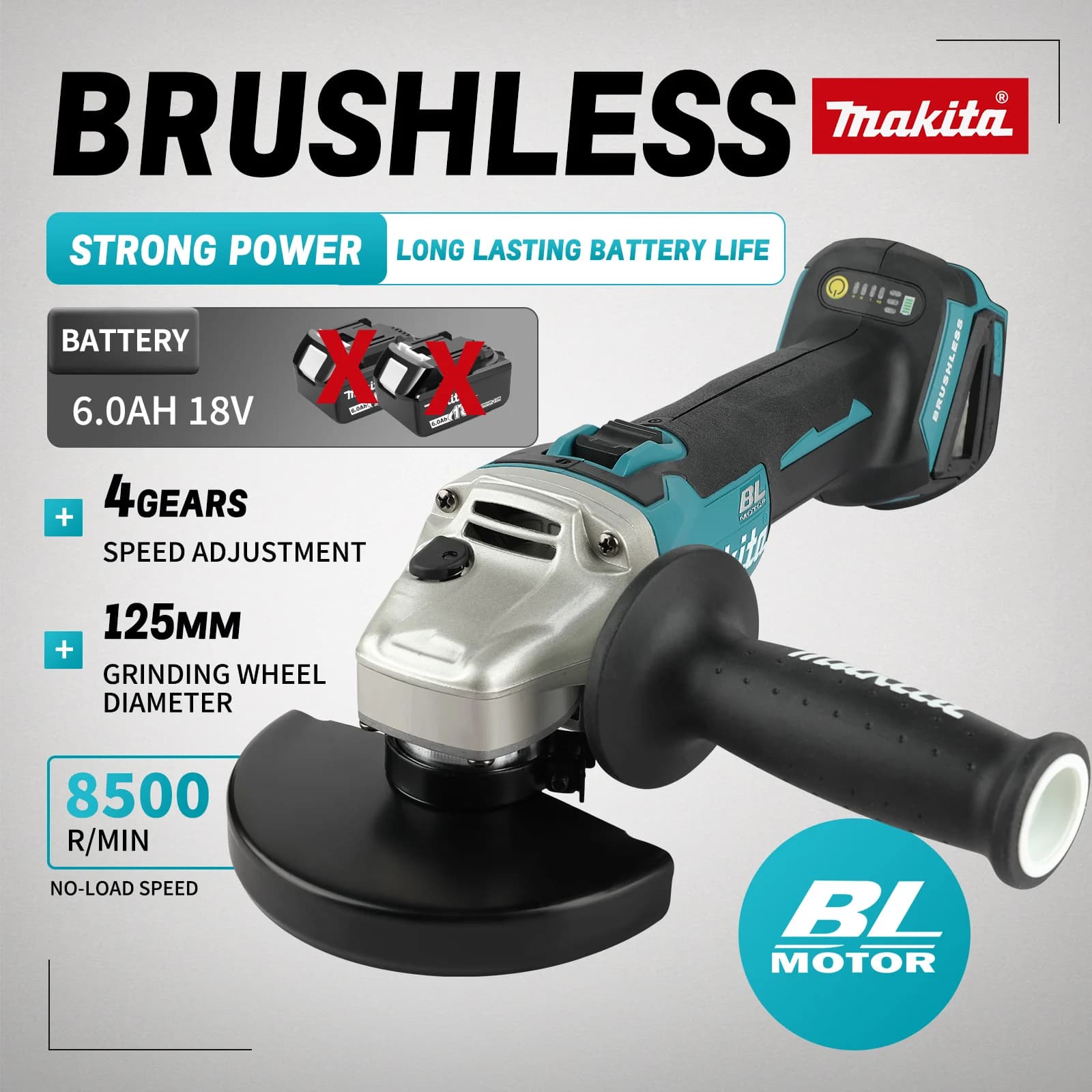 Kit di attrezzi per smerigliatrice angolare Makita DGA404 Motore brushless, per lavori metallici, con impugnatura ergonomica e borsa per il trasporto portatile