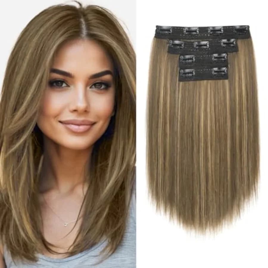 Hair Extensions, 14" Short Clip in Hair Extensions 4PCS Straight Natural Soft Synthetic Hairpiece for Women - Chocolate Brown w