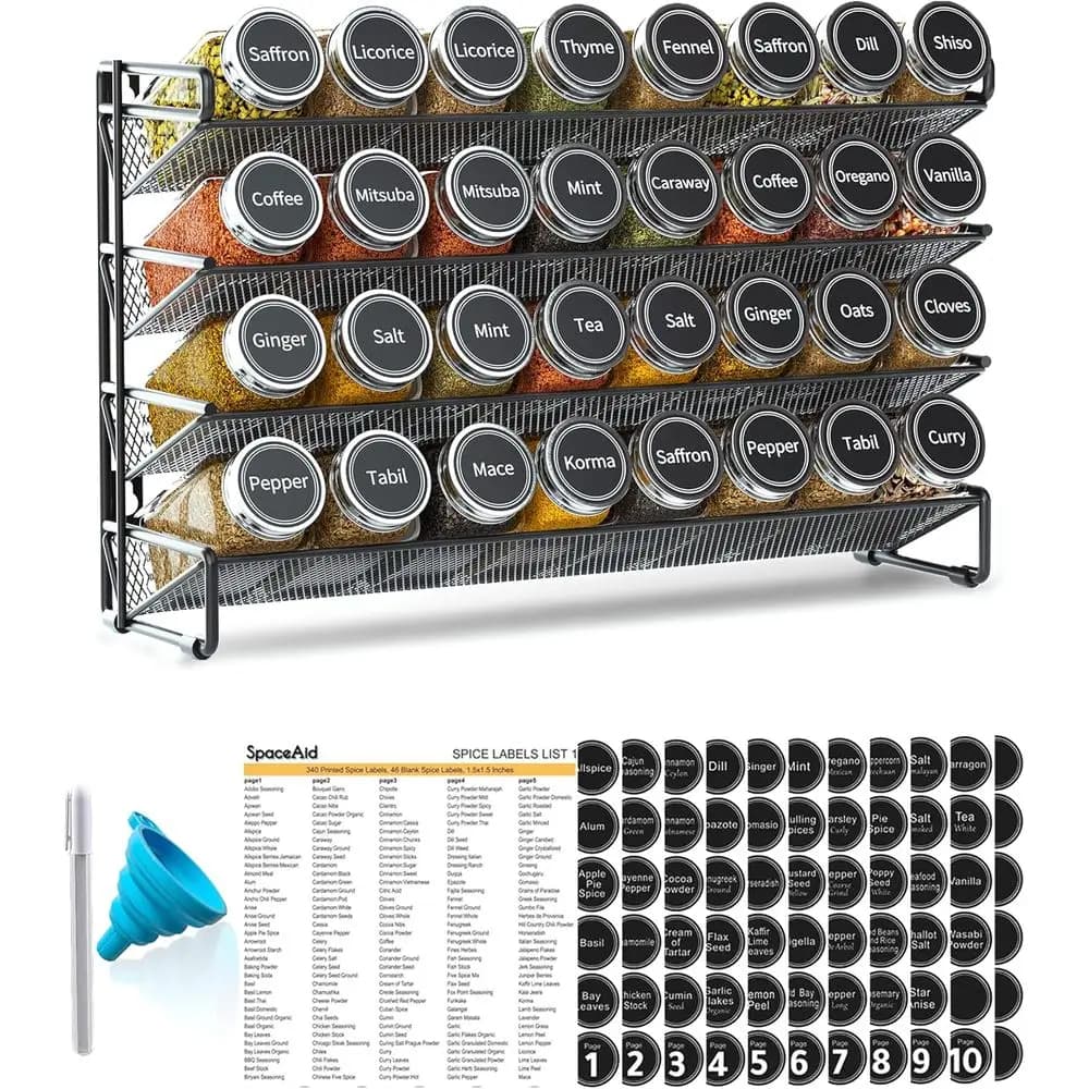 Organizzatore per spezie SpaceAid con 32 barattoli per spezie, 386 etichette per spezie, pennarello a gesso e set di contenitori per armadio, piano di lavoro, dispensa, ecc.