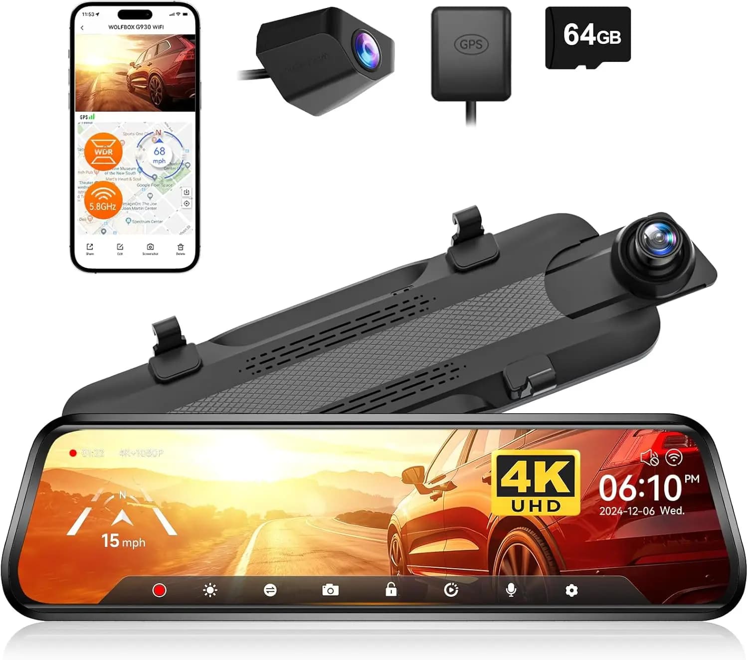 Dash Cam with 10''' Mirror and WiFi 5.8GHz, Front Camera and 4K Rear, Touch Screen, Parking Monitor, GPS and 64GB Card