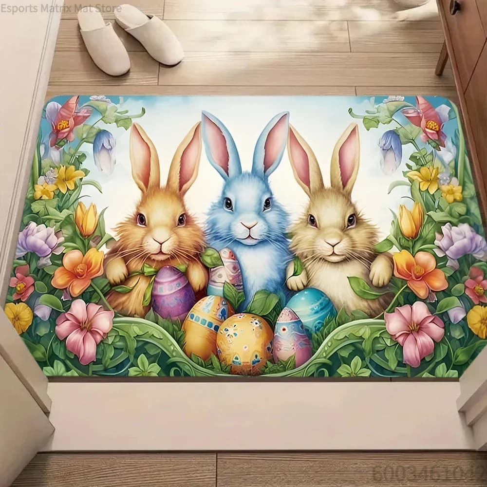Tappeto Decorativo Pasquale con Coniglio, Uova e Piante, Morbido e Antiscivolo per Soggiorno e Camera da Letto