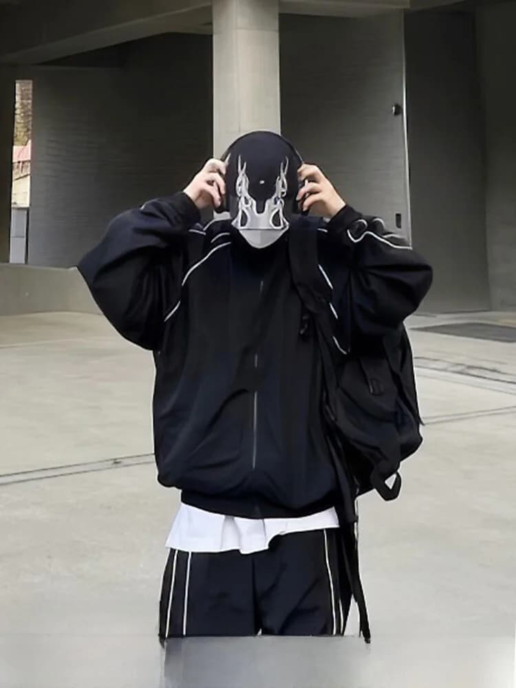 Men's Summer Thin Quick Dry Casual Pants Set with Reflective Stripes Stand Collar Anti-UV Jacket Loose Fit American Style