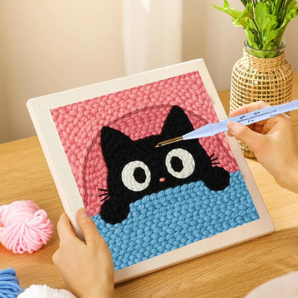 Punch Needle Embroidery Kit For Beginners Cute Cat Stitching Tool Set Punch Needle with Square Frame Handcraft Diy Craft Gift