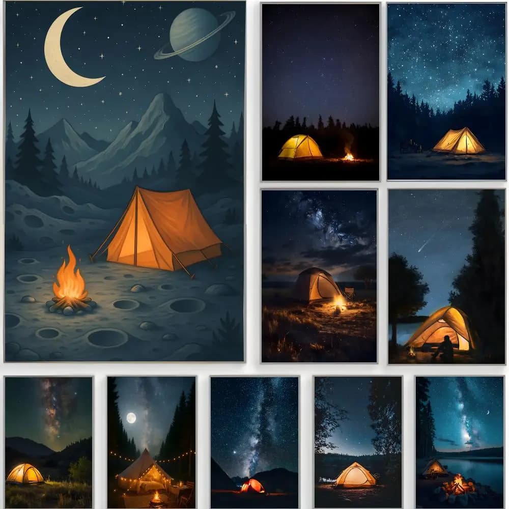 cute artwork t-tent starry camping Poster Classic Wall Art Home Decor Peel and Stick Unframed