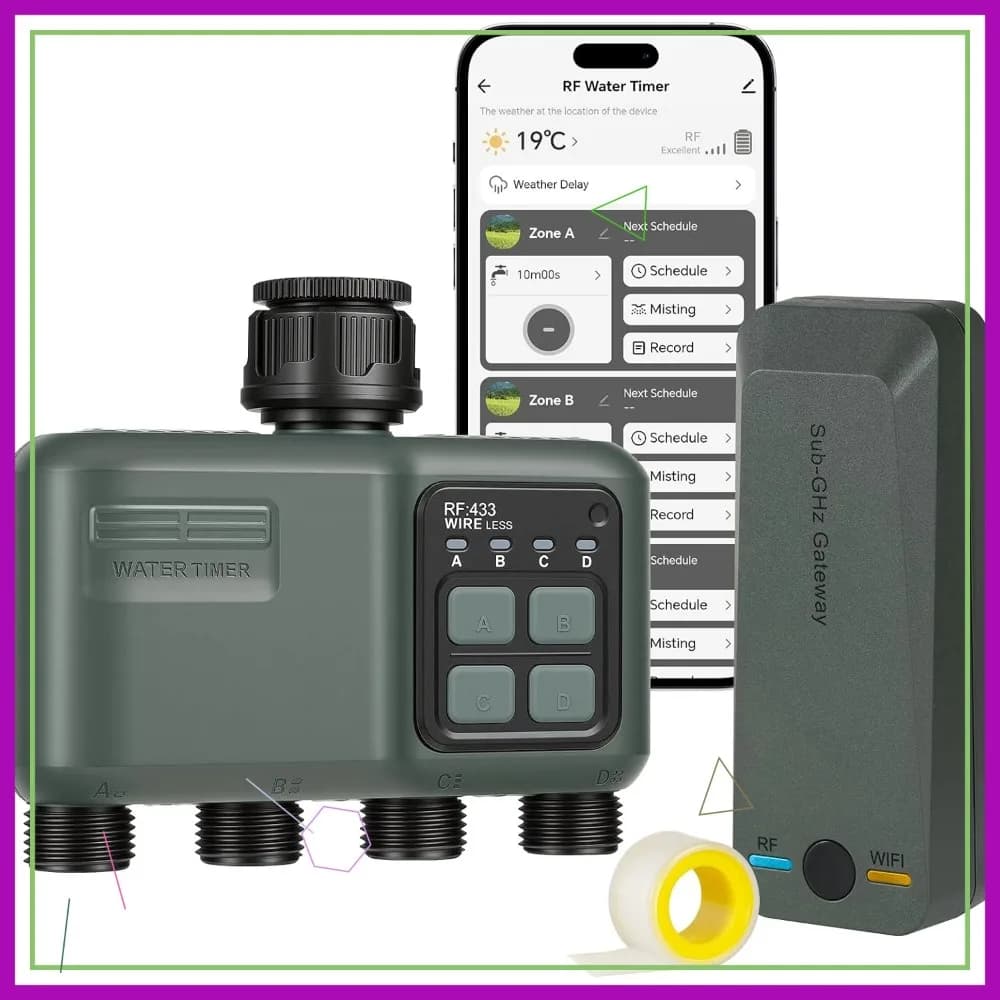 Timer WiFi per Tubo da Giardino, Controller Irrigazione Intelligente a 4 Zone, Controllo Vocale e RF433, Ritardo Pioggia, Irrigazione Manuale
