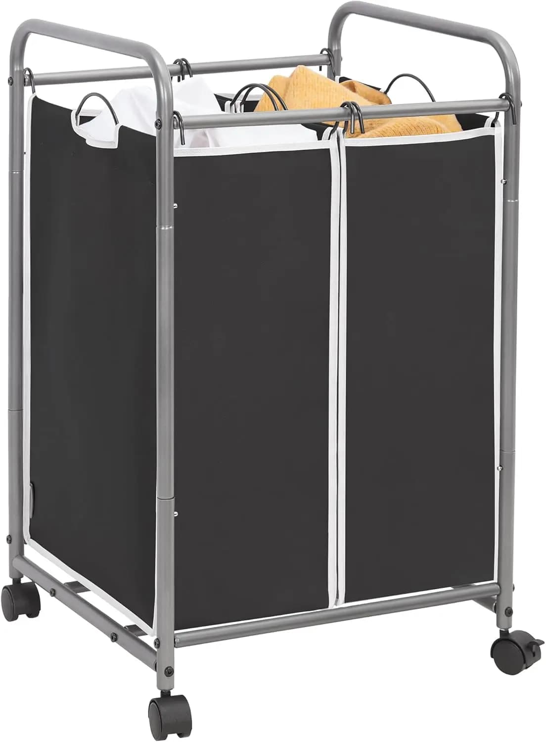 2 compartment linen basket with wheels, removable bags, 90L capacity for cabinets and dorms