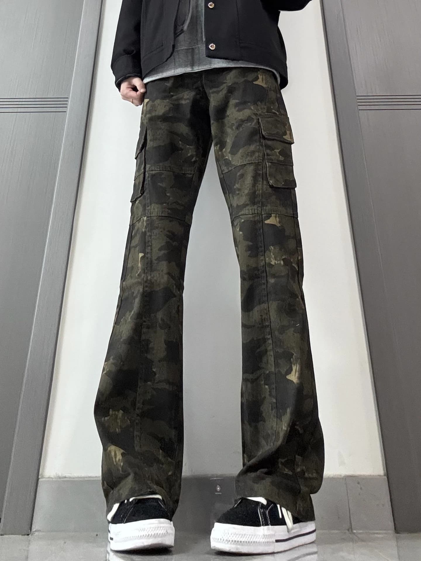 American Retro Fleece Lined Camouflage Jeans Men Thick Straight Leg Bell Bottom High Street Slim Workwear Trousers