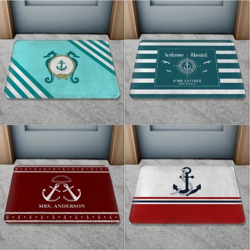 Nome della barca personalizzato Tappetino antiscivolo per porta Ancoraggio nautico Bussola Ruota per nave Tappetino per decorazioni per la casa personalizzato Tappeto da bagno per interni ed esterni