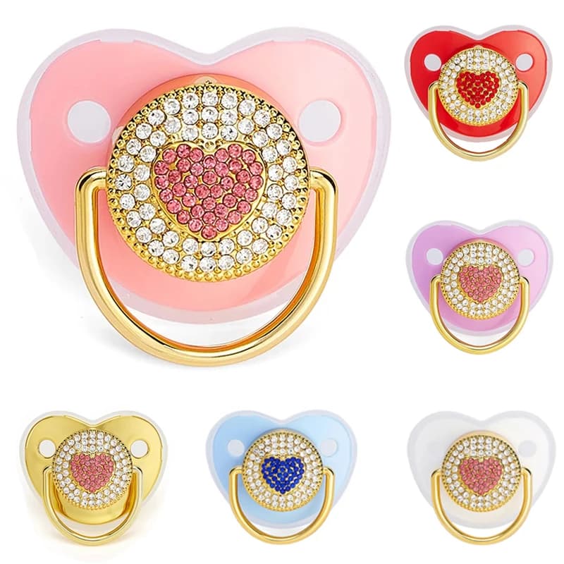 Ciucci per bambini con coperchio Bling Heart Strass Ciuccio di lusso Succhietto per neonati Massaggiagengive Capezzolo manichino in silicone Doccia per neonati