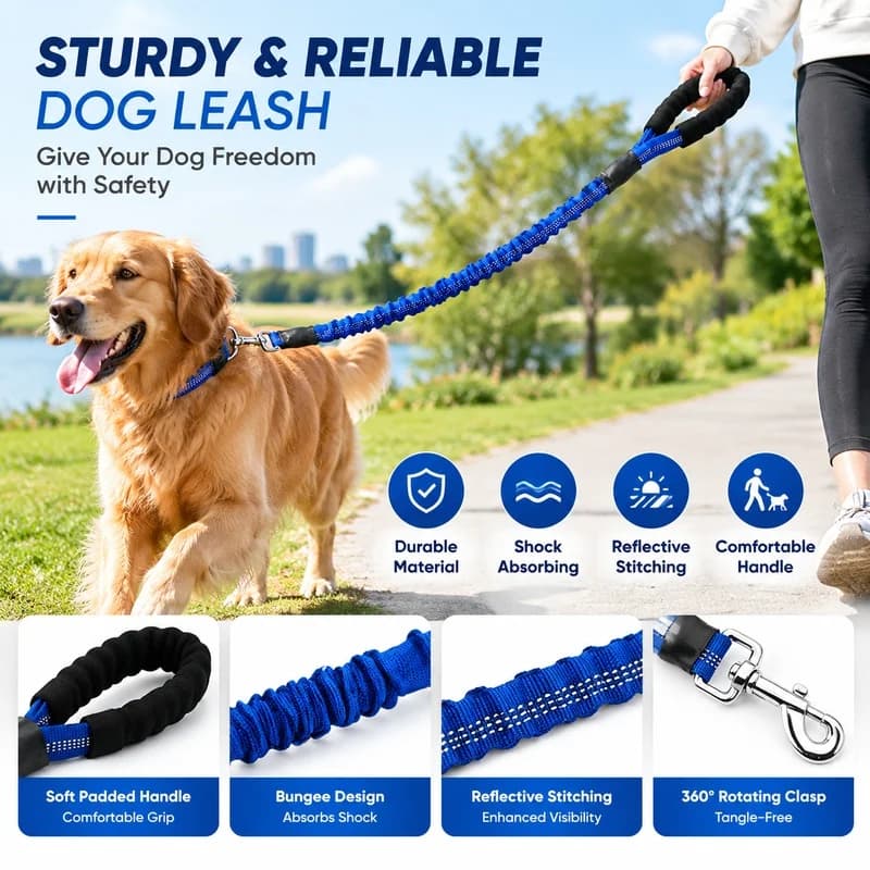 Heavy Duty Bungee Dog Leash for Medium Large Dogs, Elastic Shock Absorbing Lead for Golden Retriever Walking & Training