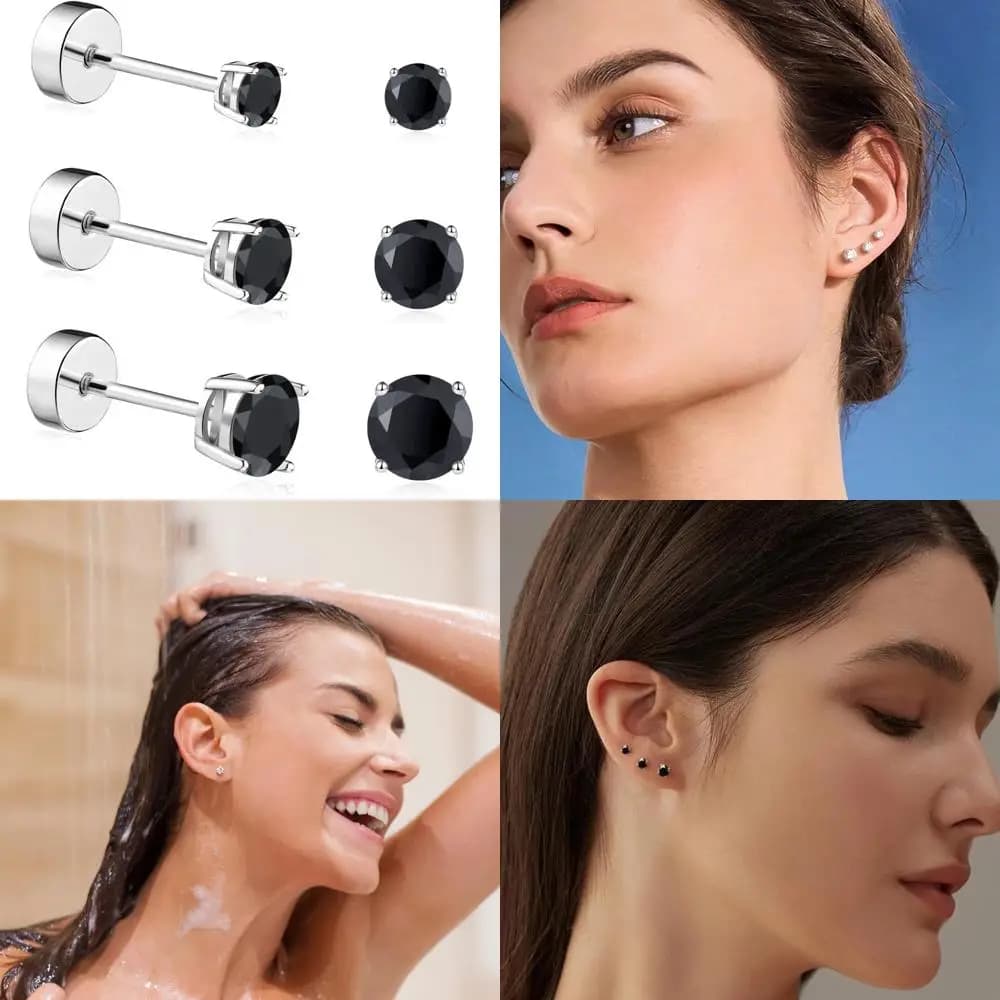 Orecchini a bottone Moissanite - 3 paia di gioielli per orecchie con piercing all'elica per cartilagine con diamanti imitazione ipoallergenici per sensibili