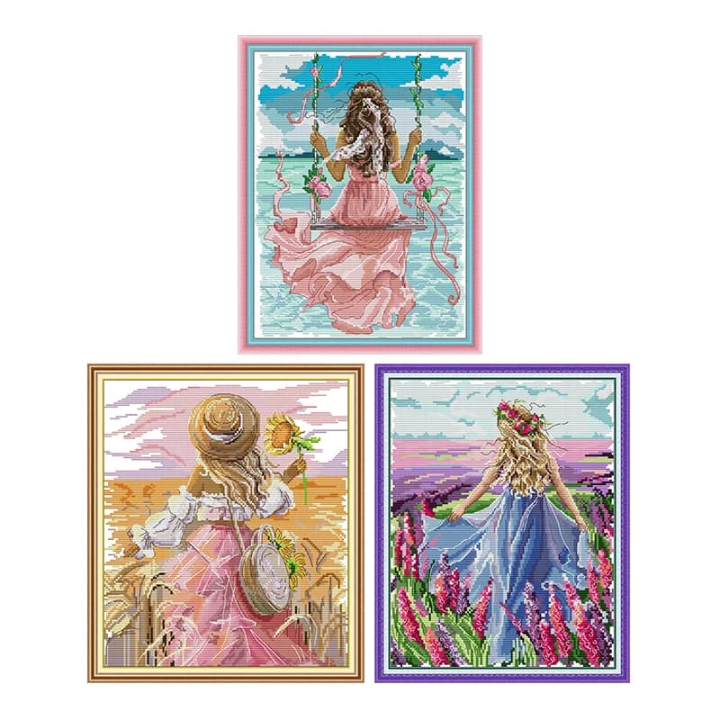 Kit Punto Croce Ragazza con Girasoli Aida 14ct 11ct Tela Stampata Vista Mare Ricamo a Punto Croce Fai da Te Fatto a Mano