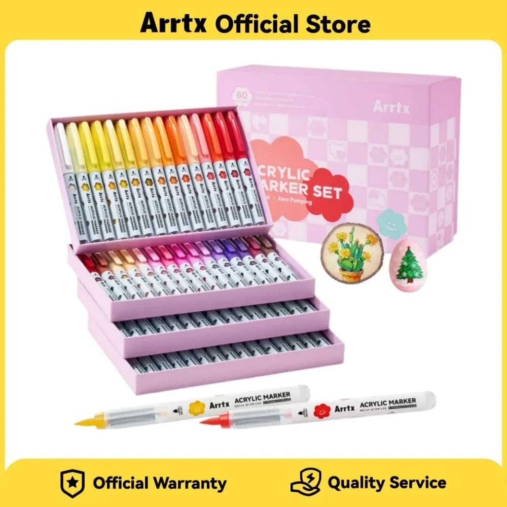 Arrtx Set di 36/60 Pennarelli Acrilici Colorati con Punta Morbida per Dipingere su Roccia, Ceramica, Vetro, Legno, Plastica e Metallo