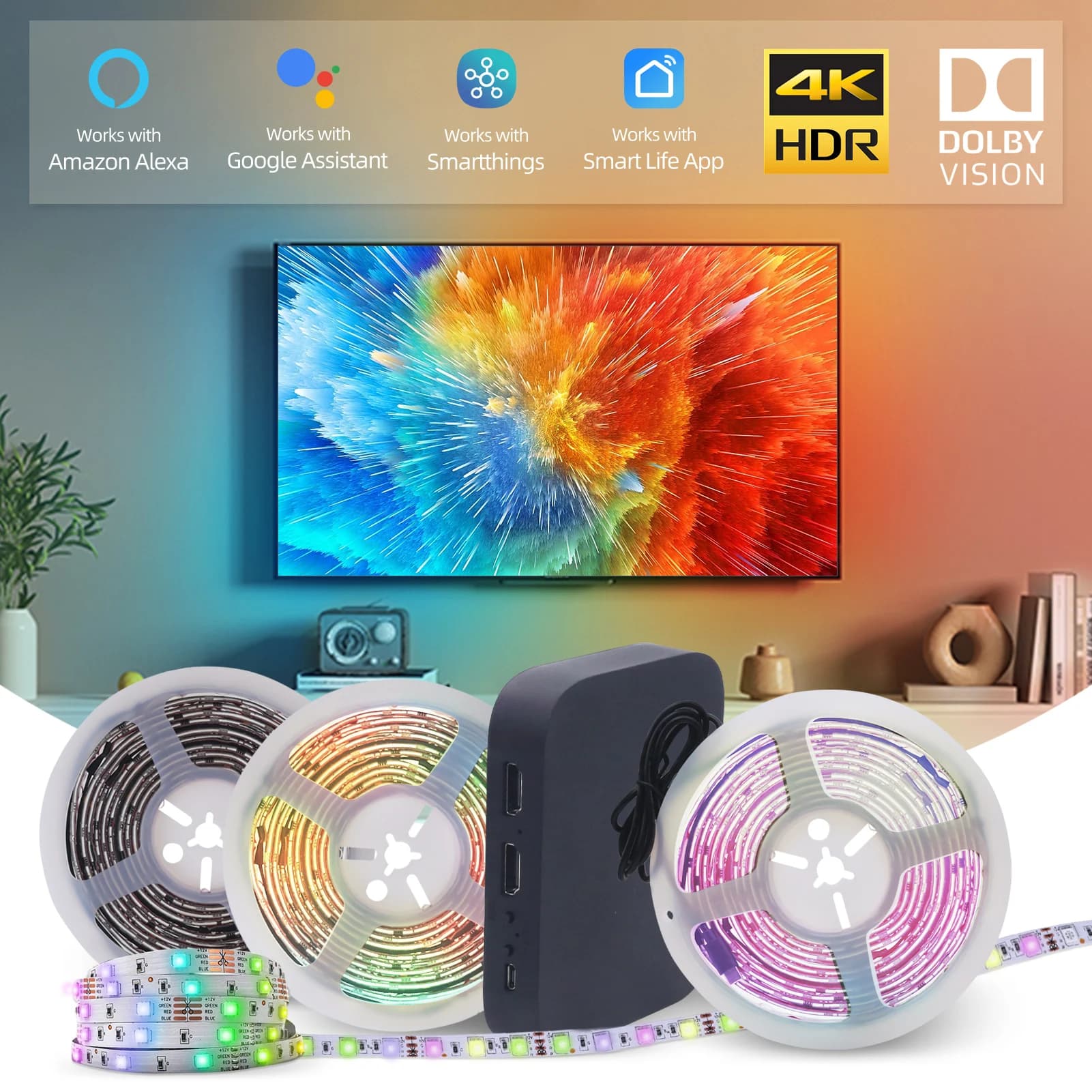 Smart AI Screen Synchronization Box Ambient LED Strip TV PC Monitor Retro Illumination HDMI 2.0 4K Music Lights from game WIFI Alexa Google Assistant
