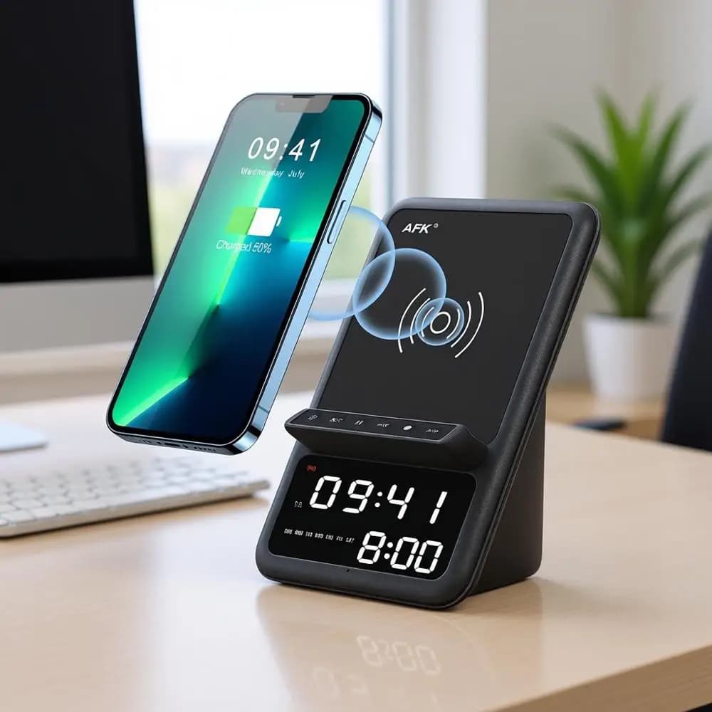 Stazione di ricarica wireless con altoparlante Bluetooth e sveglia, compatibile con iPhone, telefoni Android (Nero)