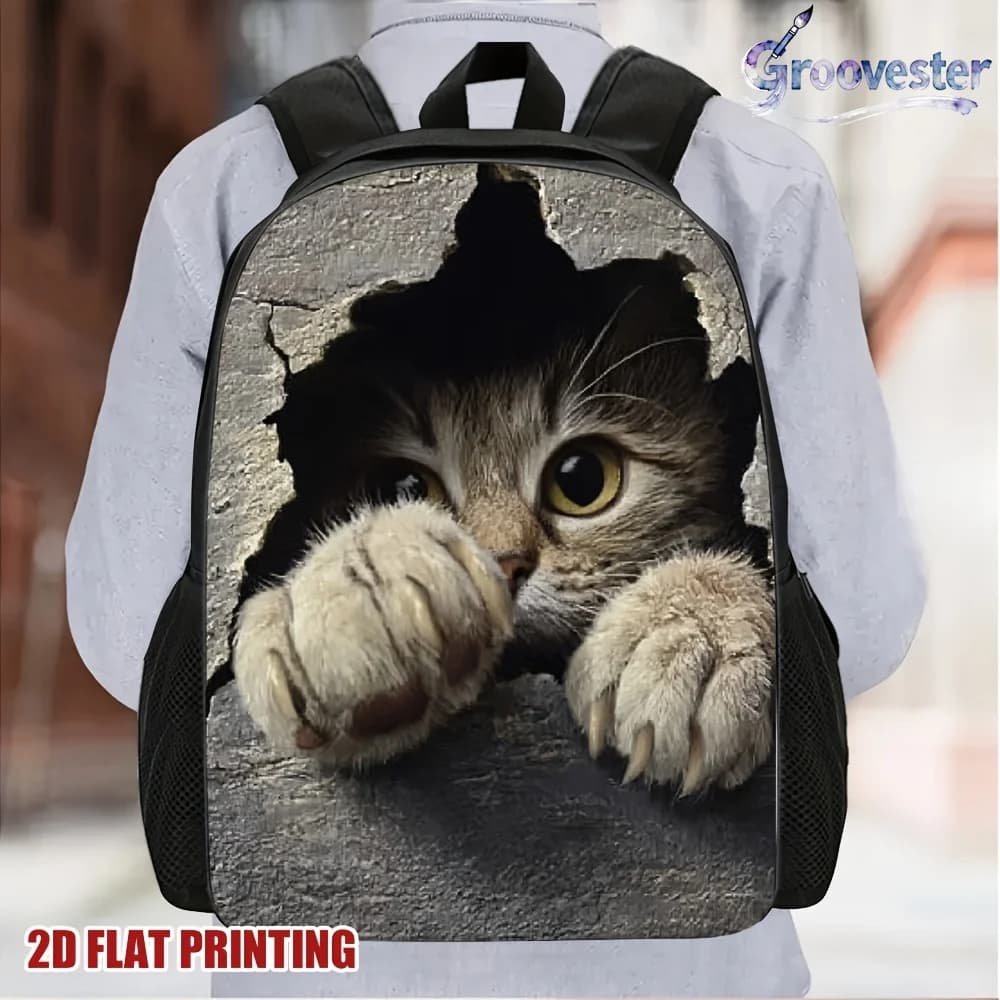Travel backpack with 2D printing flat pattern and cat hole, elegant and large capacity - washable zipper shoulder bag