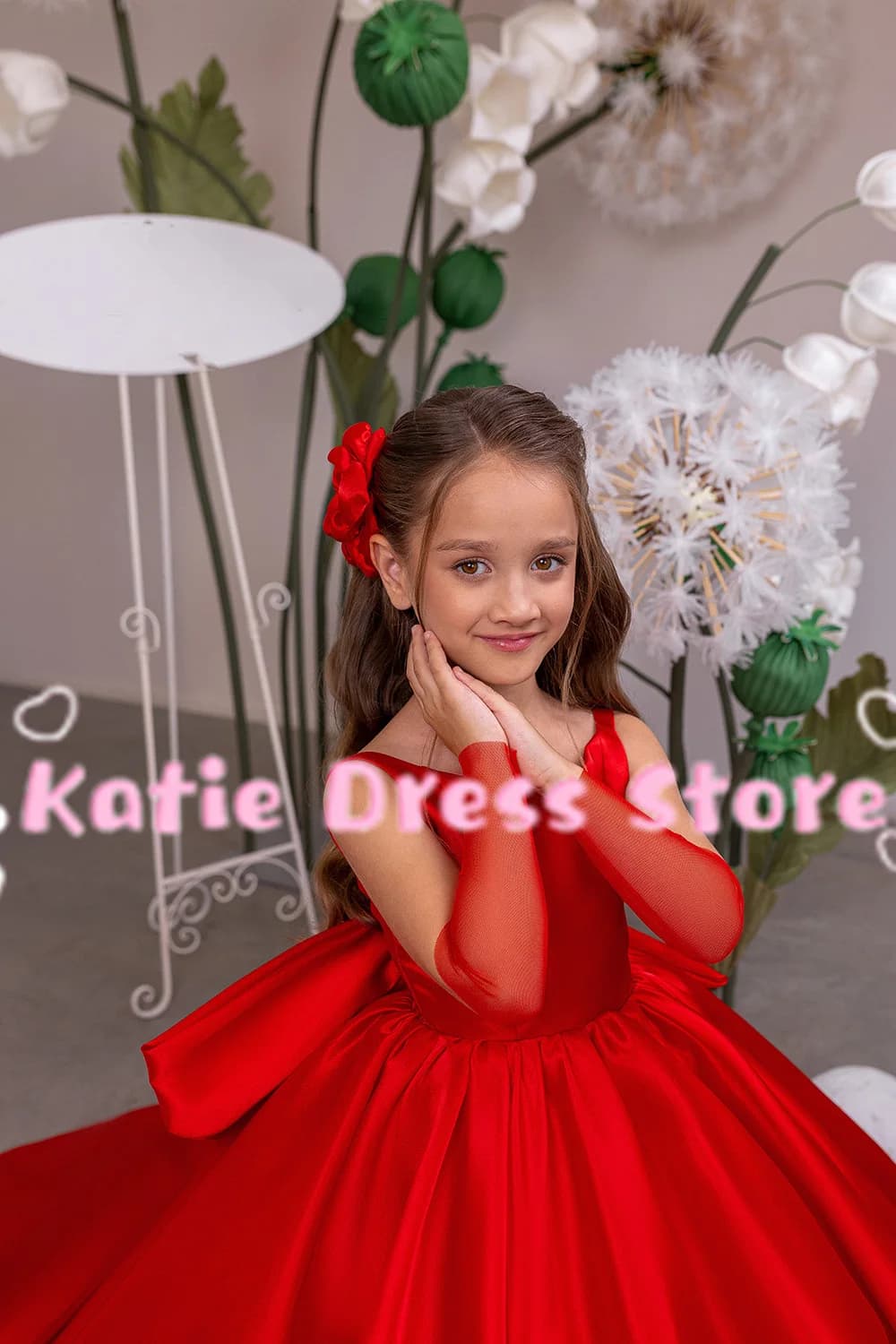 Abito da Damigella Rosso Personalizzato per Matrimonio, Senza Maniche con Fiocco, Vestito da Principessa per Festa di Compleanno, Prima Comunione, Abito da Ballo per Bambine