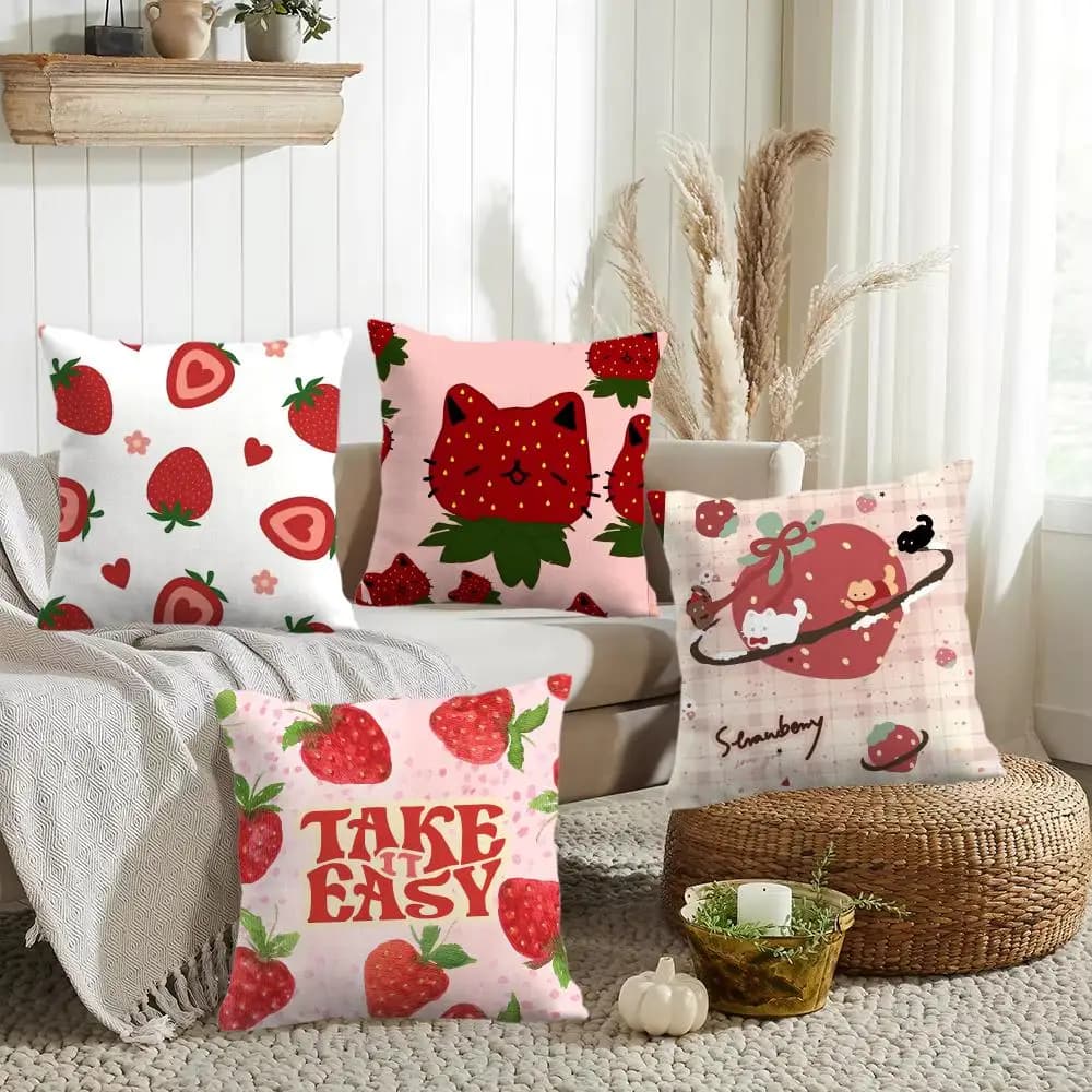 Cute Strawberry Print Cushion Cover Double-Sided Printed Organic Linen Pillow Cover, Decorative for Sofa Home