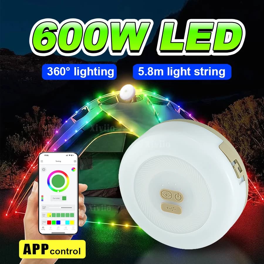 Luce da campeggio LED Reel String Lights Controllo app Lampada da campeggio USB esterna Luce notturna a LED riciclabile per l'arredamento della stanza della tenda da giardino