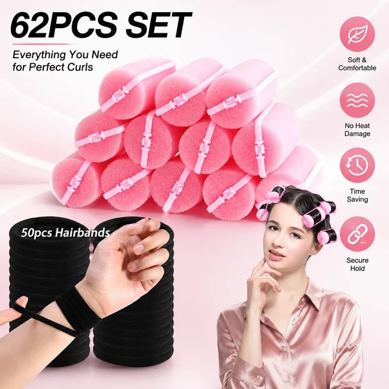 62Pcs Heatless Foam Hair Rollers Set, Soft Sponge Sleep Hair Curlers Hair Bands, No Heat Overnight Hair Styling Rollers