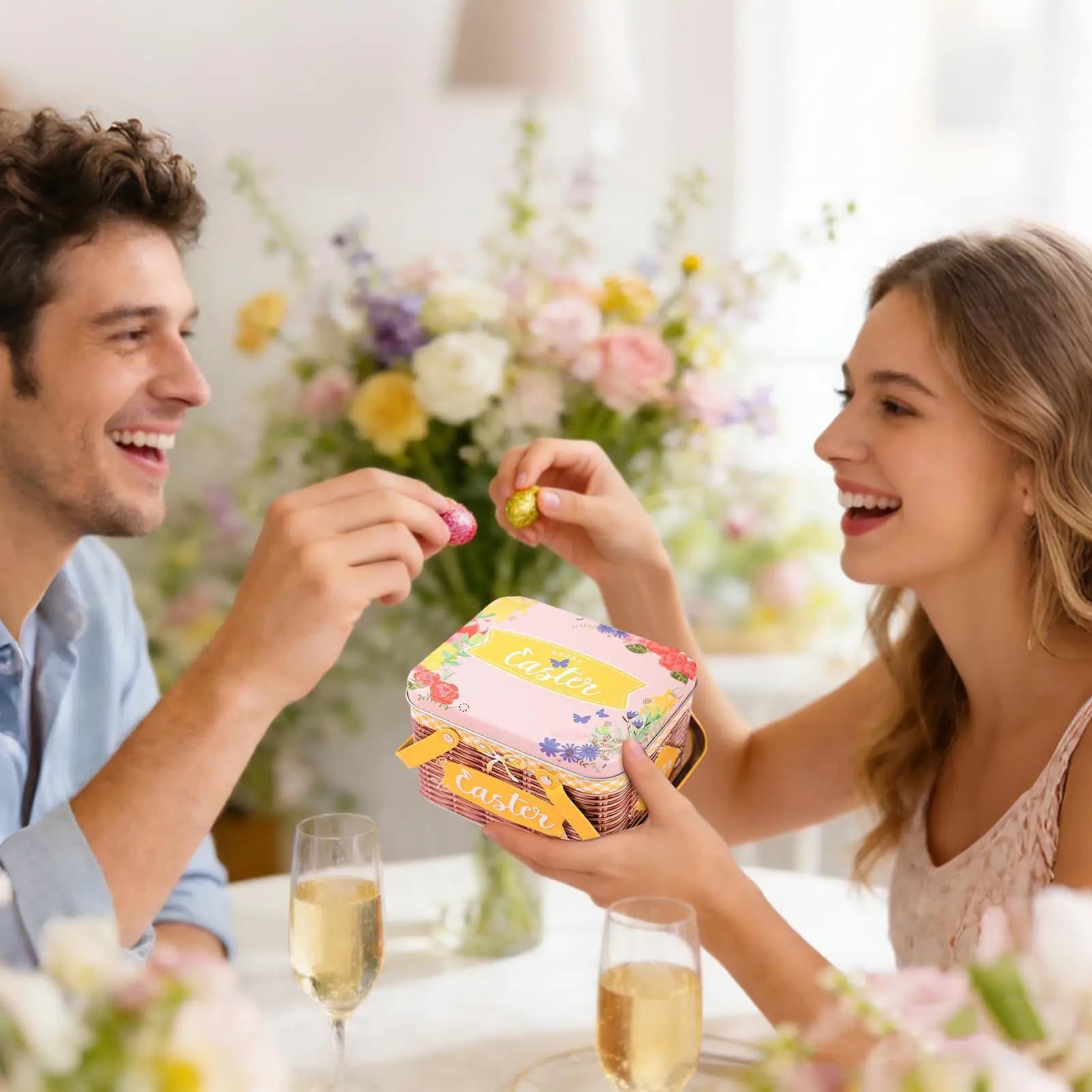 Cesto di Pasqua in metallo con coperchio e maniglia, scatola per biscotti, per feste, cioccolatini, regali di Natale, dolcetti per appuntamenti