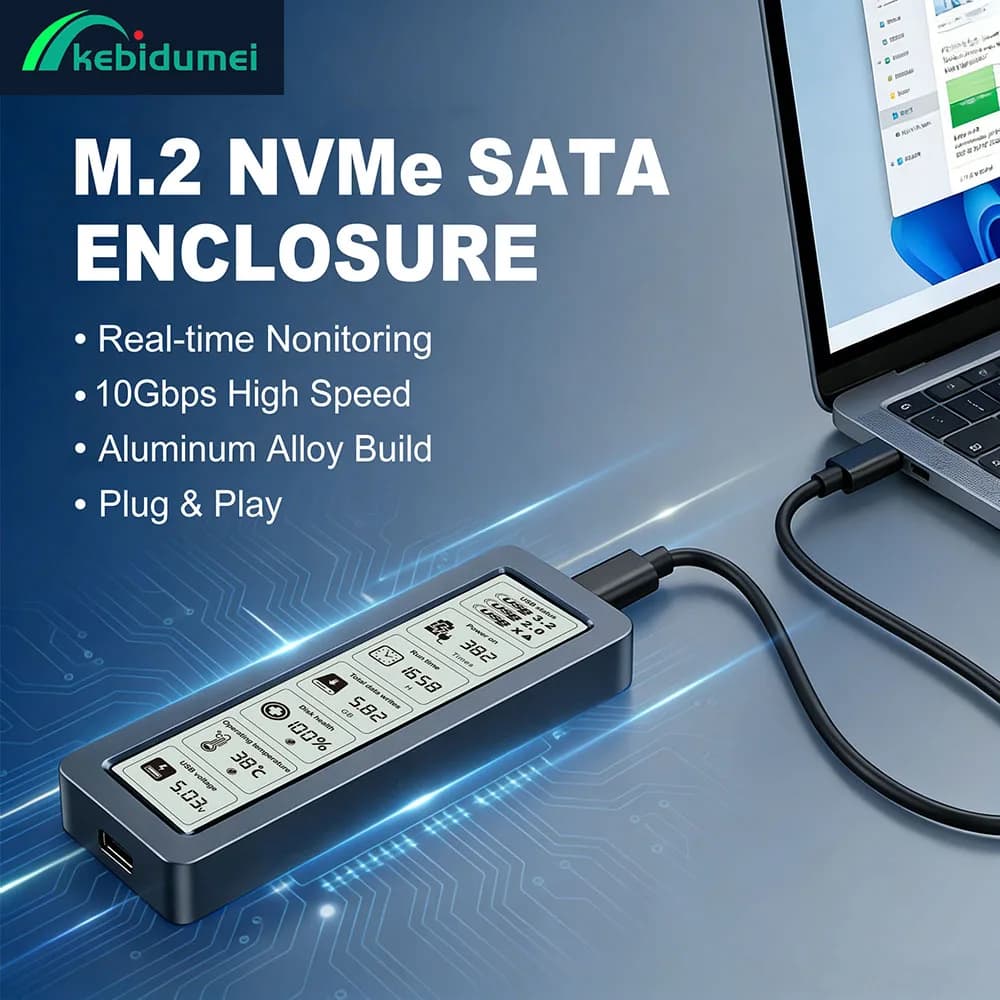 Kebidumei M2 SSD Case NVME SATA SSD Enclosure 10Gbps M2 a USB C Adattatore esterno per SSD con display digitale intelligente per laptop