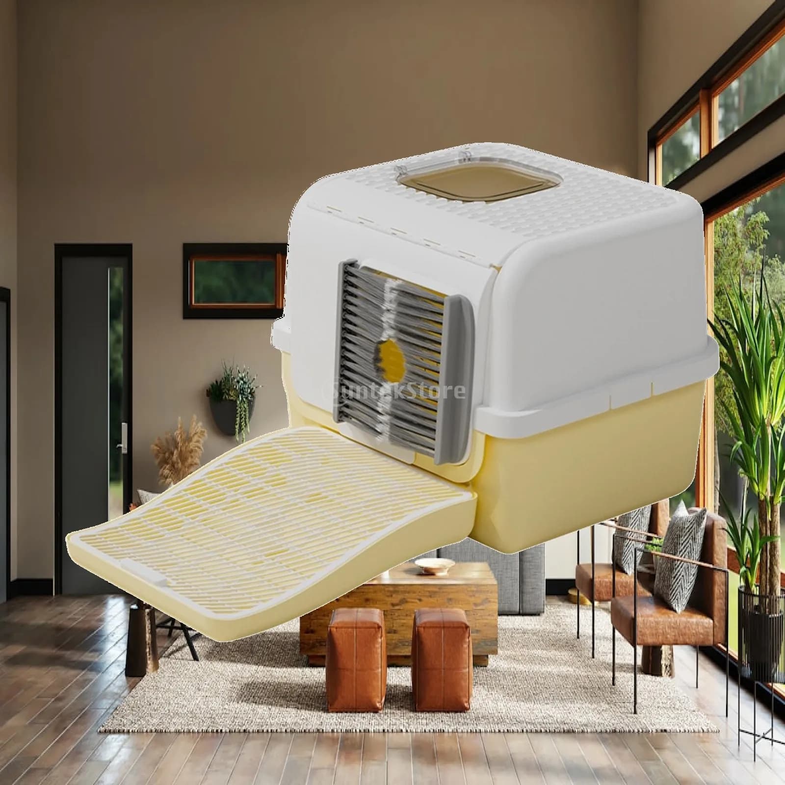 Multi Purpose Enclosed Cat Litter Box with Bristle Ramp Easy Cleaning Litterbox for Small and Large Cats