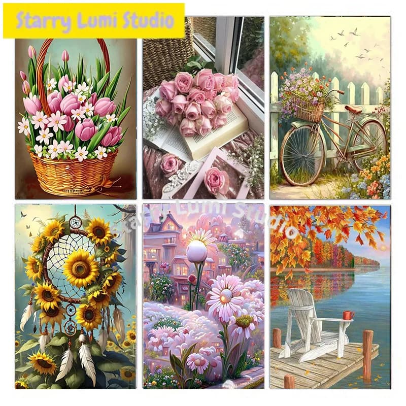 Set di pittura con diamanti 5D fai da te per San Valentino, con paesaggio primaverile e tema floreale, adatto per adulti e principianti.