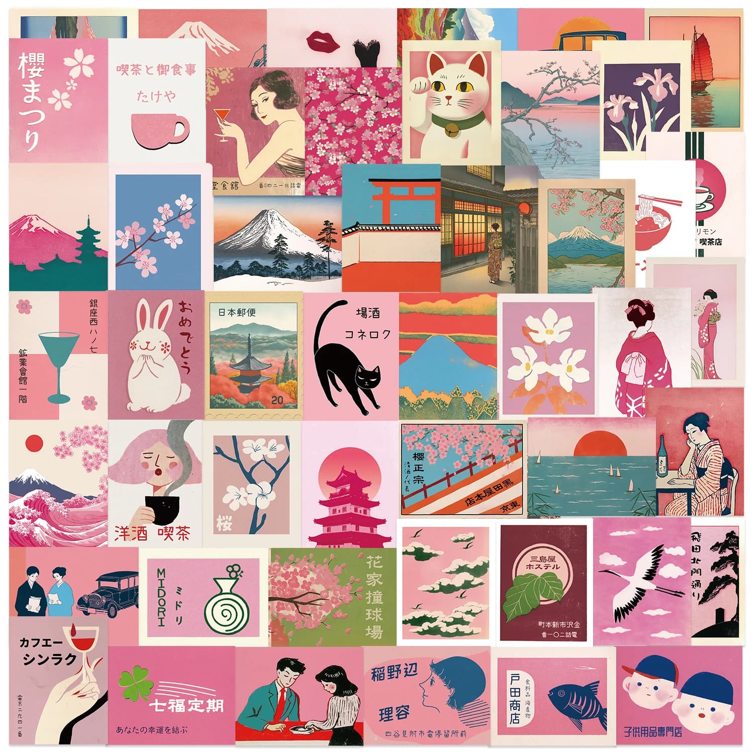 50pcs Pink Japanese Retro Aesthetics Sticker Pack Reusable Vinyl Decals for Laptops Water Bottles Phones Guitars & More