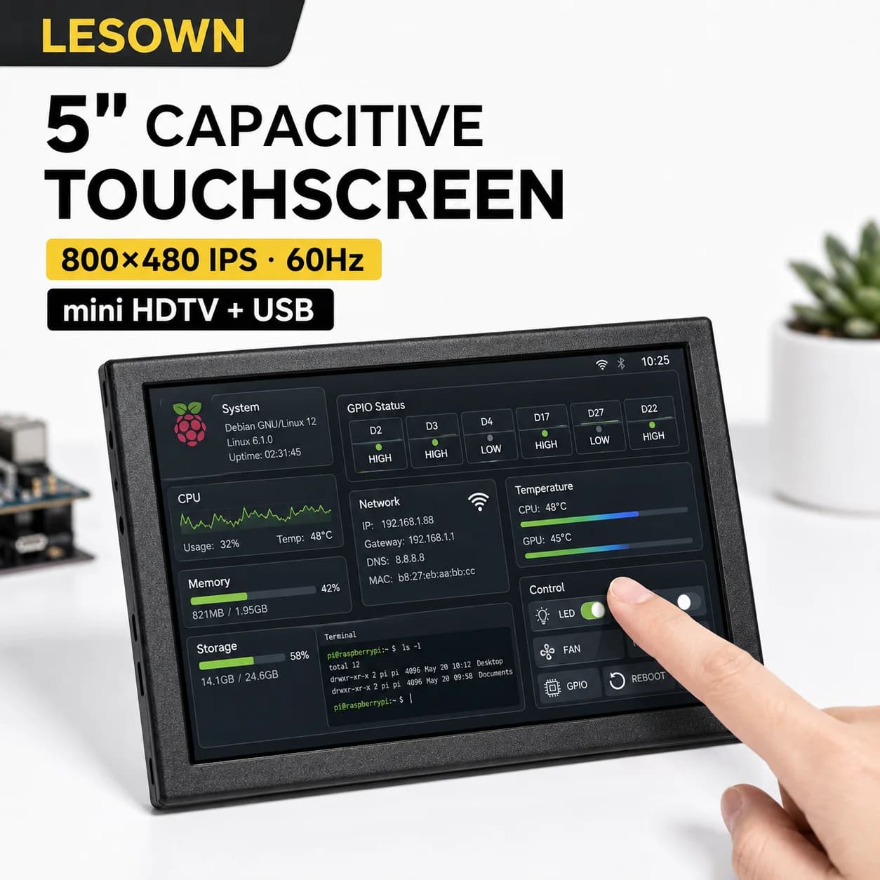 LESOWN 5 Inch Capacitive Touchscreen Monitor 800x480 IPS 60Hz USB Powered mini HDTV Display for Raspberry Pi Banana Pi Mini PC