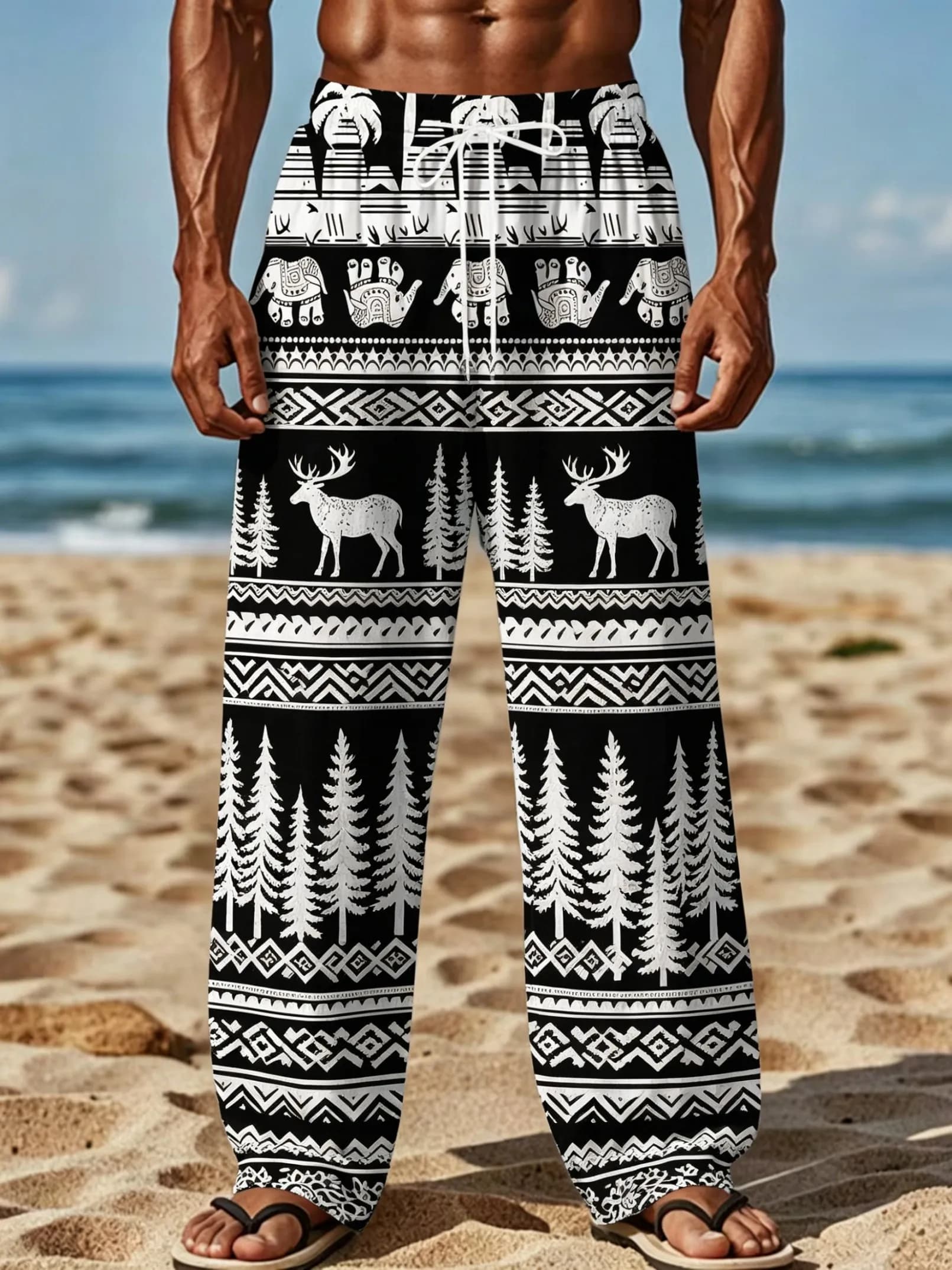 Men's Spring Summer Ethnic Elephant Deer Pine Tree Geometric Border Print Drawstring Pants, Boho Beach For Beach Daily Outfit