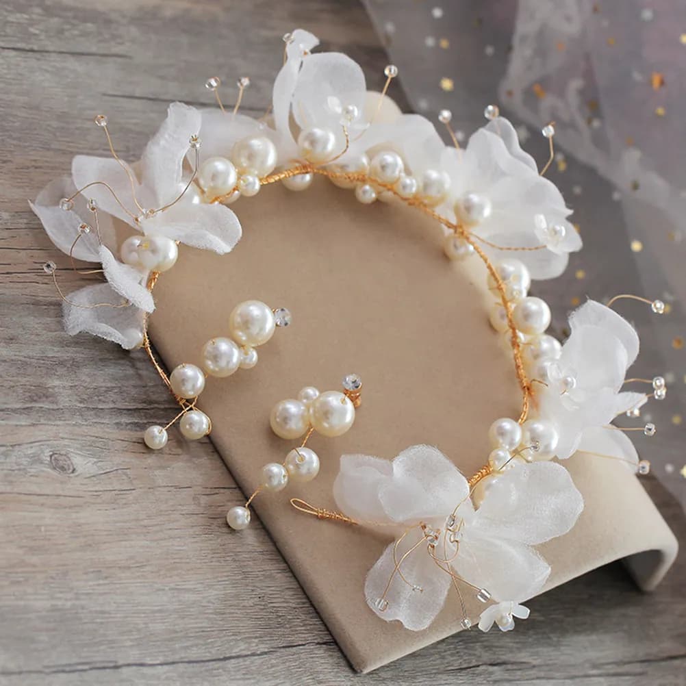White Pearl Bridal Hair Crown Earrings Set Alloy Headband Wedding Hairpiece Party Accessories Hair Vine Earrings Sets