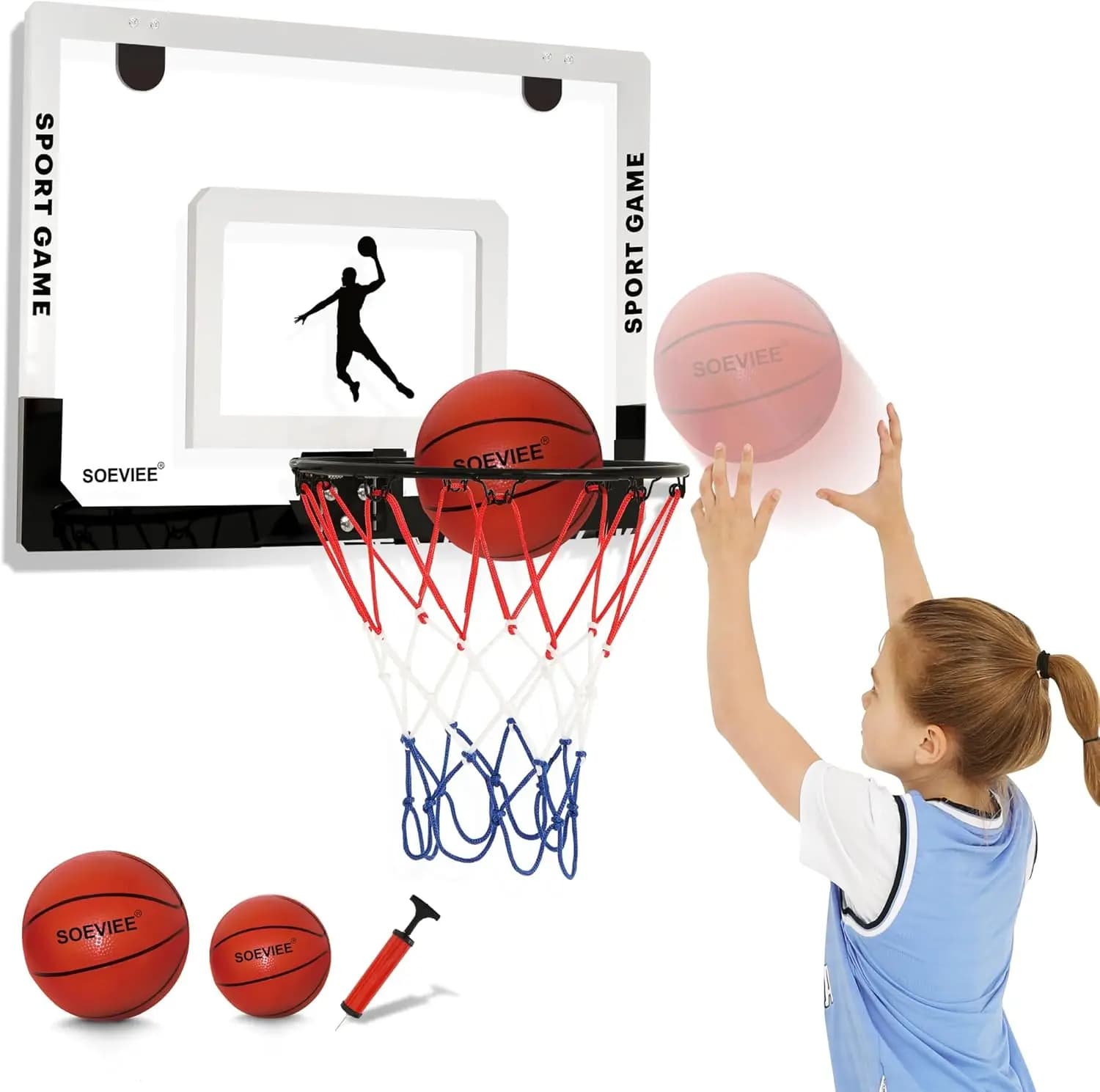 Grande Canestro da Basket per Interni 23x16" con Tabellone, Montabile su Porta/Parete, 3 Palloni e 2 Reti per Tutte le Età