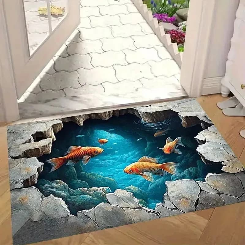 Tappeto d'ingresso 2D con design realistico di carpe koi e loto, morbido, antiscivolo, moderno e divertente per l'arredamento di interni.