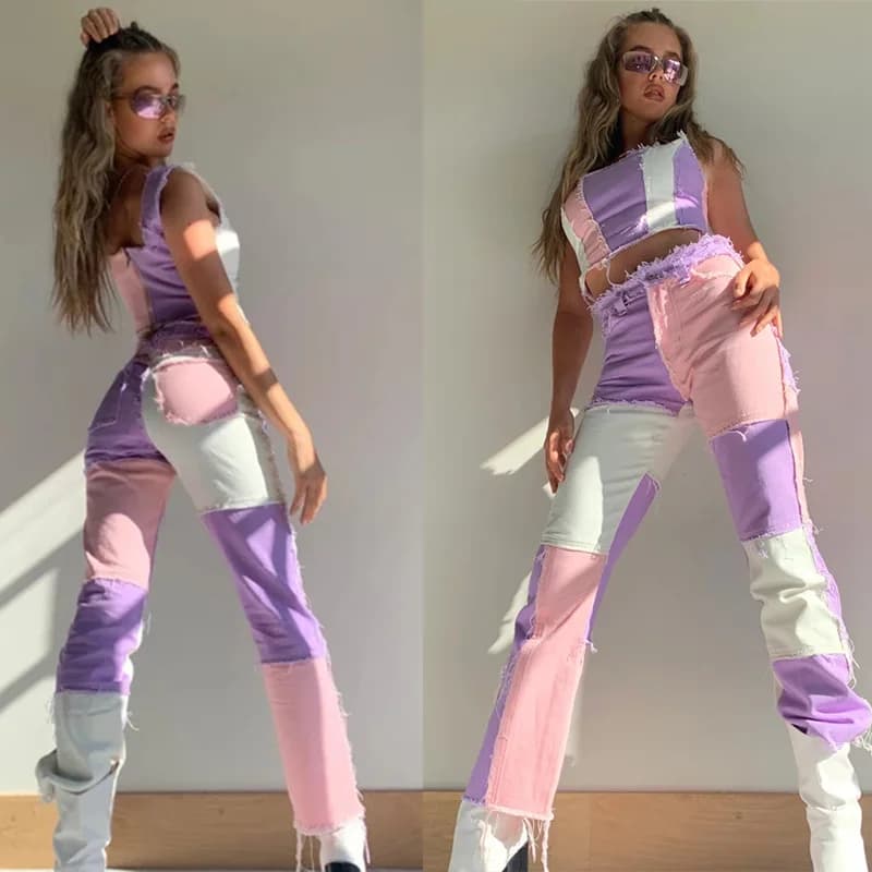 Summer 2025 Women's High Waist Tight Butt Straight Leg Jeans Color Block Mix Match High Street Style Casual Fashion Long Pants