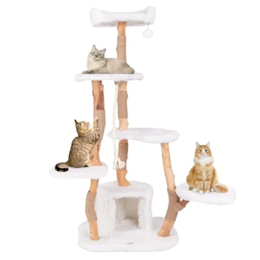 Torre per gatti in legno alta 66 pollici, multi-livello, per gatti da interno, con posti di raschiatura in iuta, corda di sisal, morbido peluche lungo, design moderno.