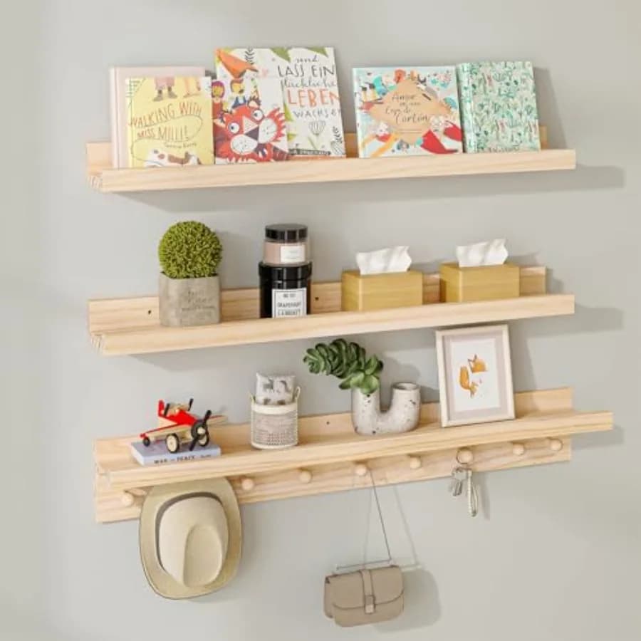 Mensola in Legno con Ganci, Mensole Galleggianti da Parete, Scaffale da Bagno, Libreria da Parete per Cameretta, Scaffale Porta Giocattoli