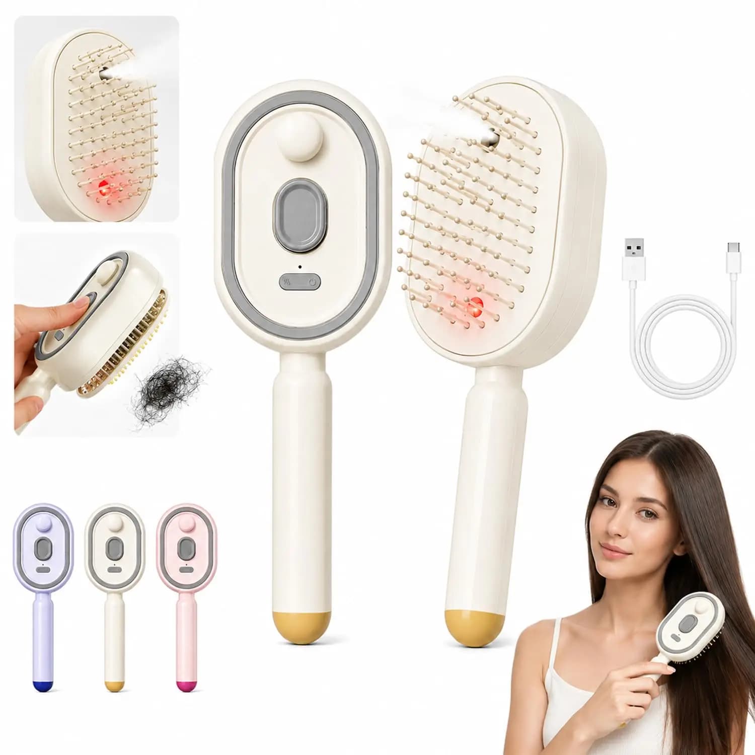 Electric Air Cushion Massage Spray Comb, Hair Brush With Water Spray, Self-Cleaning Anti-Tangle Anti-Static For Frizzy Hair