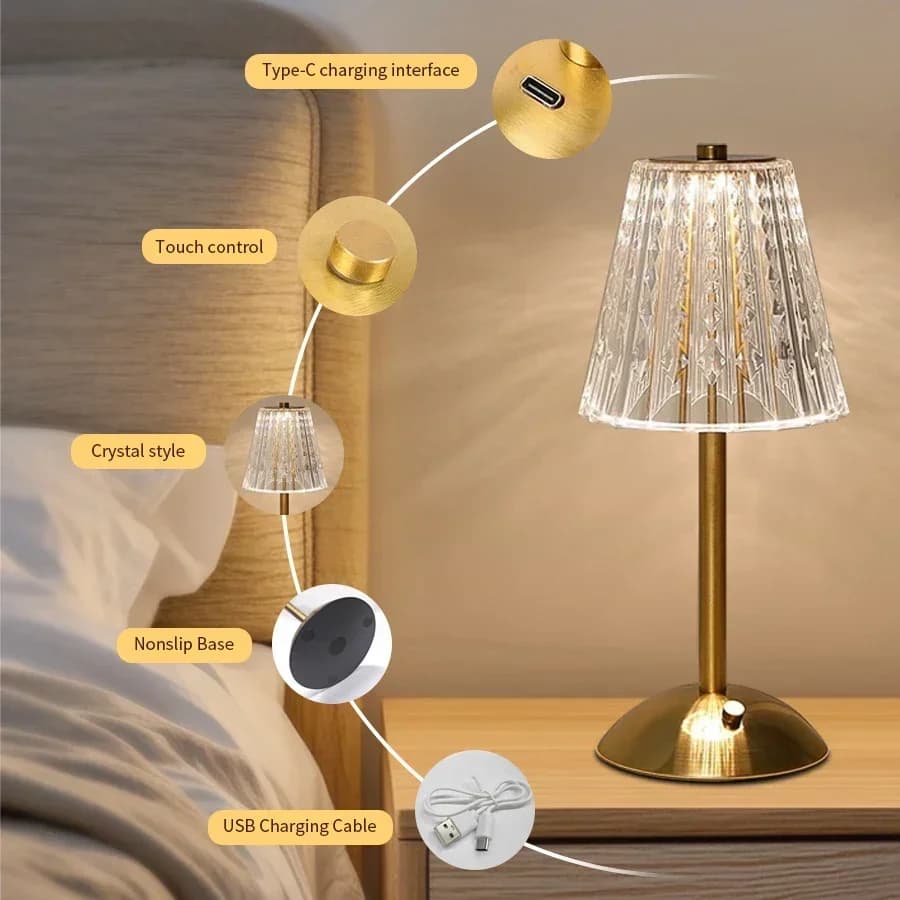 Lampada da Tavolo LED in Cristallo con Sensore Touch, Luce Notturna da Scrivania Ricaricabile, Lampada da Lettura per Camera da Letto, Comodino, Hotel, Bar