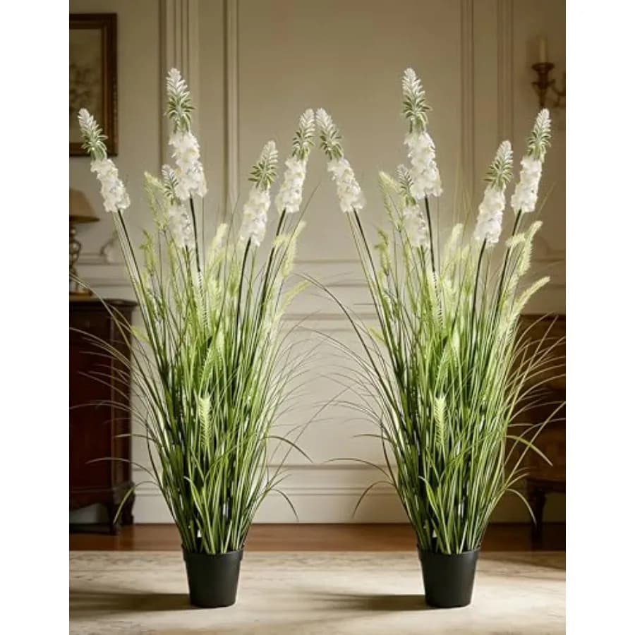 4ft Artificial Onion Grass Plants with Handmade Silk Flowers-Set of 2, Indoor Outdoor No Maintenance Faux Greenery, Fake Potted