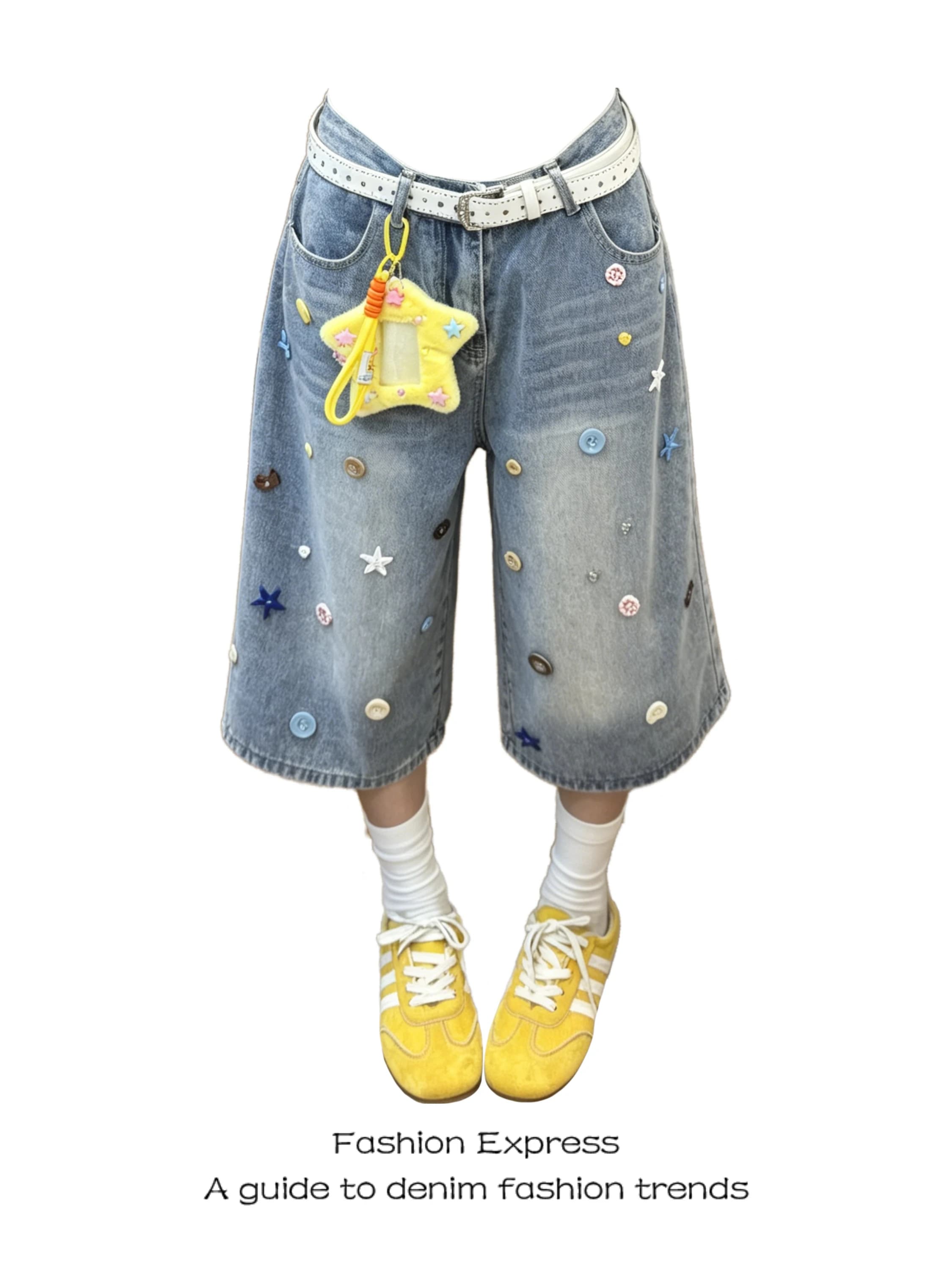 Button Denim Jeans High Waist Wide Leg Pants Loose Fit Straight Cut Summer New Style American Retro Women's Trousers