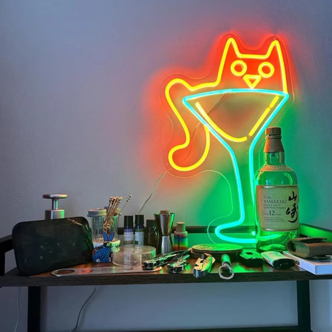 Simpatico insegna al neon Cat Martini, decorazioni artistiche da parete Catini, insegna luminosa per gatti, decorazioni per bar per la casa, regalo per l'amante di Martini, insegna alcolica per cocktail club