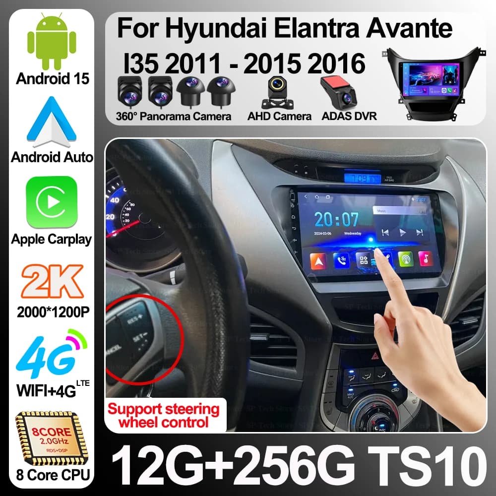 Per Hyundai Elantra Avante Md I35 2011 - 2016 Autoradio Multimediale All-in-one con Carplay, 8 Core, IPS QLED, Navigazione GPS, Bluetooth