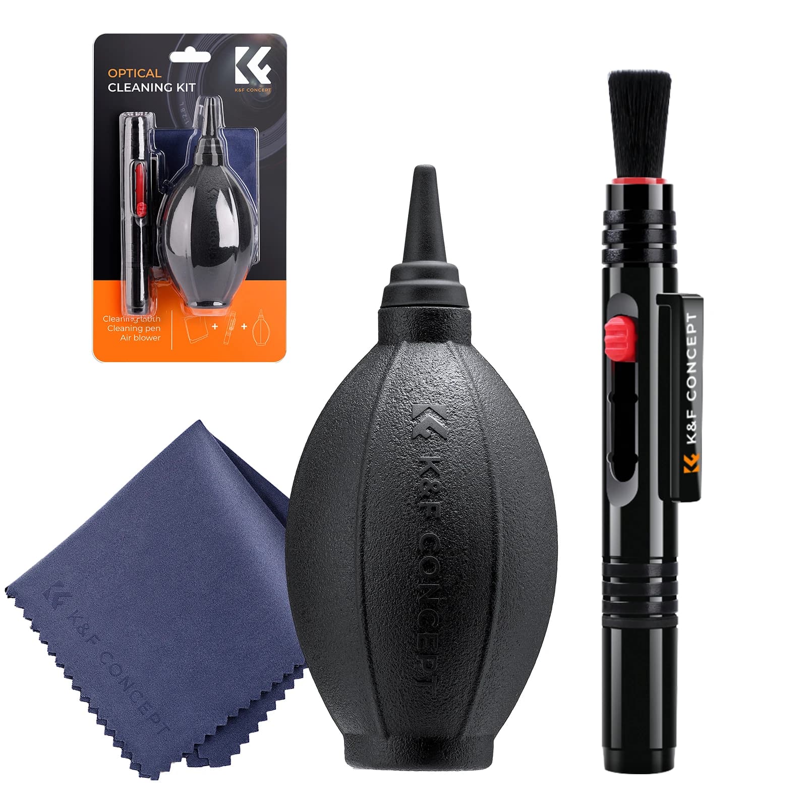 K&F Concept Kit di pulizia per fotocamera 3 in 1 con penna spazzola per obiettivo Kit di pulizia per panno in microfibra per soffiatore d'aria a razzo per obiettivo della fotocamera LCD