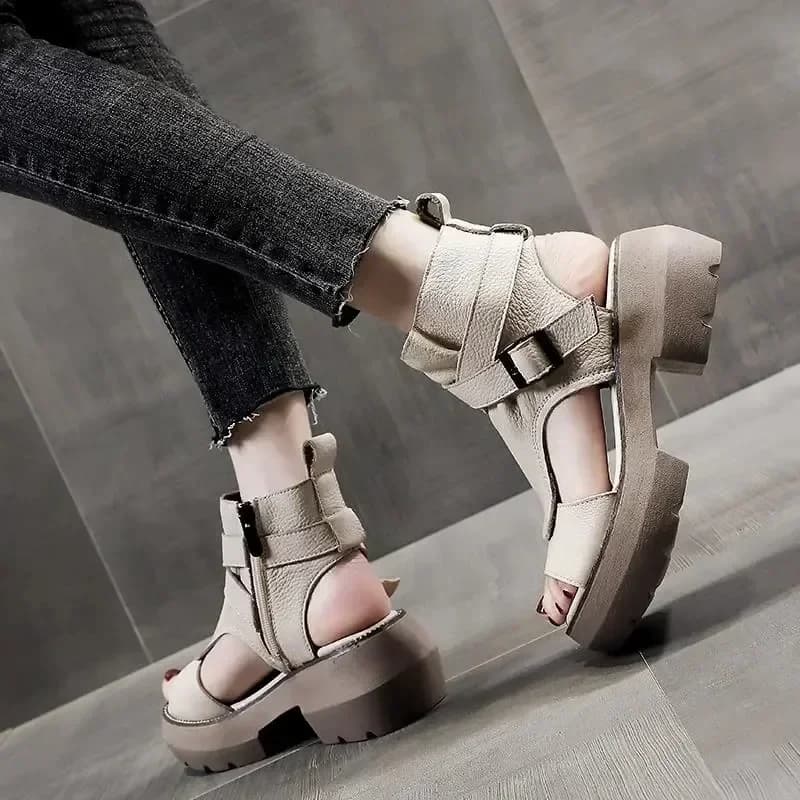 2026 New Summer Shoes Women's Sandals Retro Wedges Real Leather Platform Peep Toe High Heel Black 35-40