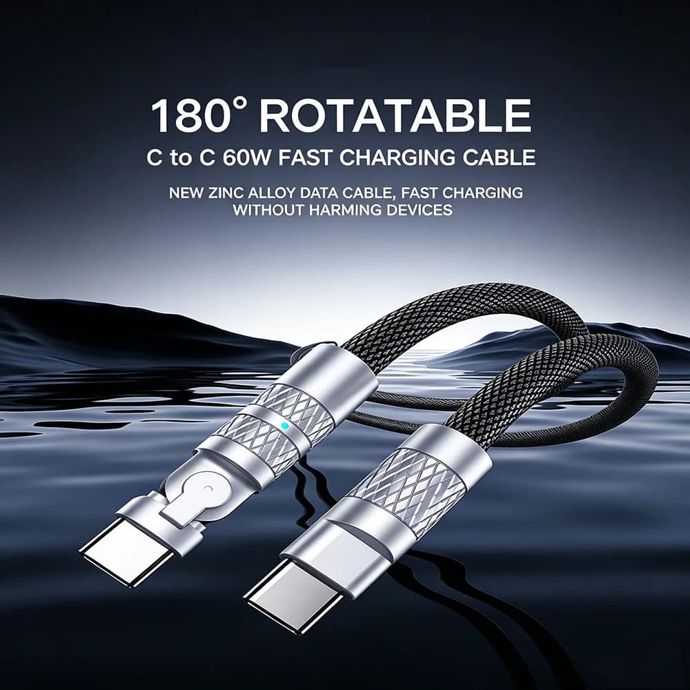 180°Rotating 60W USB C to USB C Cable Type C Charger Wire 3A Fast Charge for iPhone 17/16/15 Macbook iPad Samsung Galaxy Xiaomi