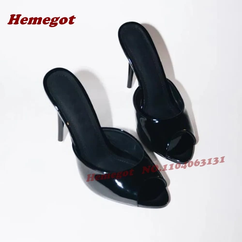 Mules nere lucide con tacco a spillo e punta aperta, ciabatte con tacco alto, sandali da donna lucidi a tinta unita, scarpe sexy da passerella.