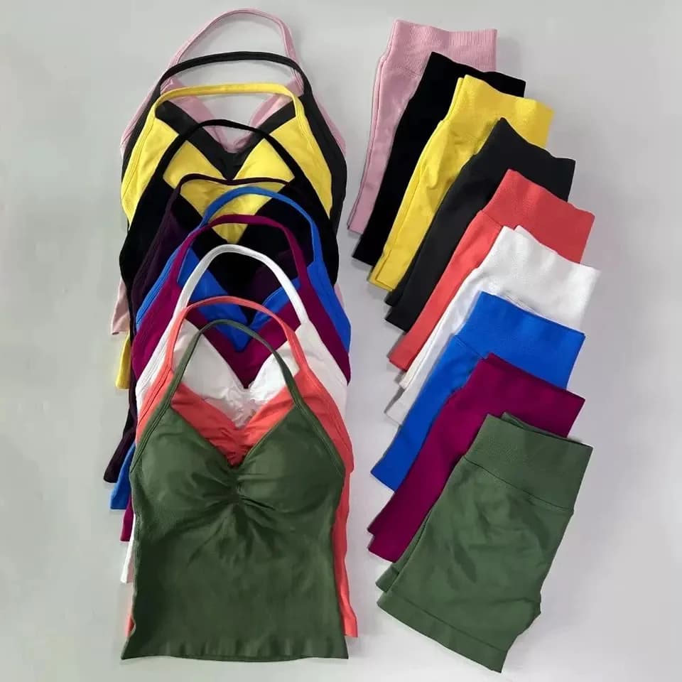 Sexy sports outfit with American neck top, outdoor back, high waist, shorts and bra for Pilates, Yoga, Training and Fitness