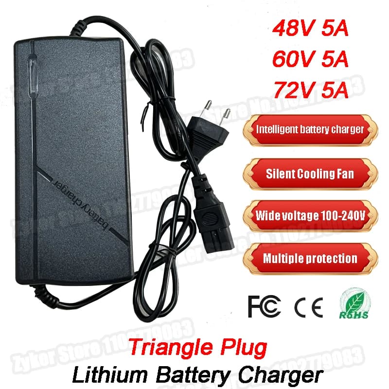 54.6V 67.2V 84V 5A Caricabatteria al litio con spina triangolare 48V 60V 72V 5A Caricatore intelligente Ricarica rapida 13S 16S 20S Caricabatterie con spina UE