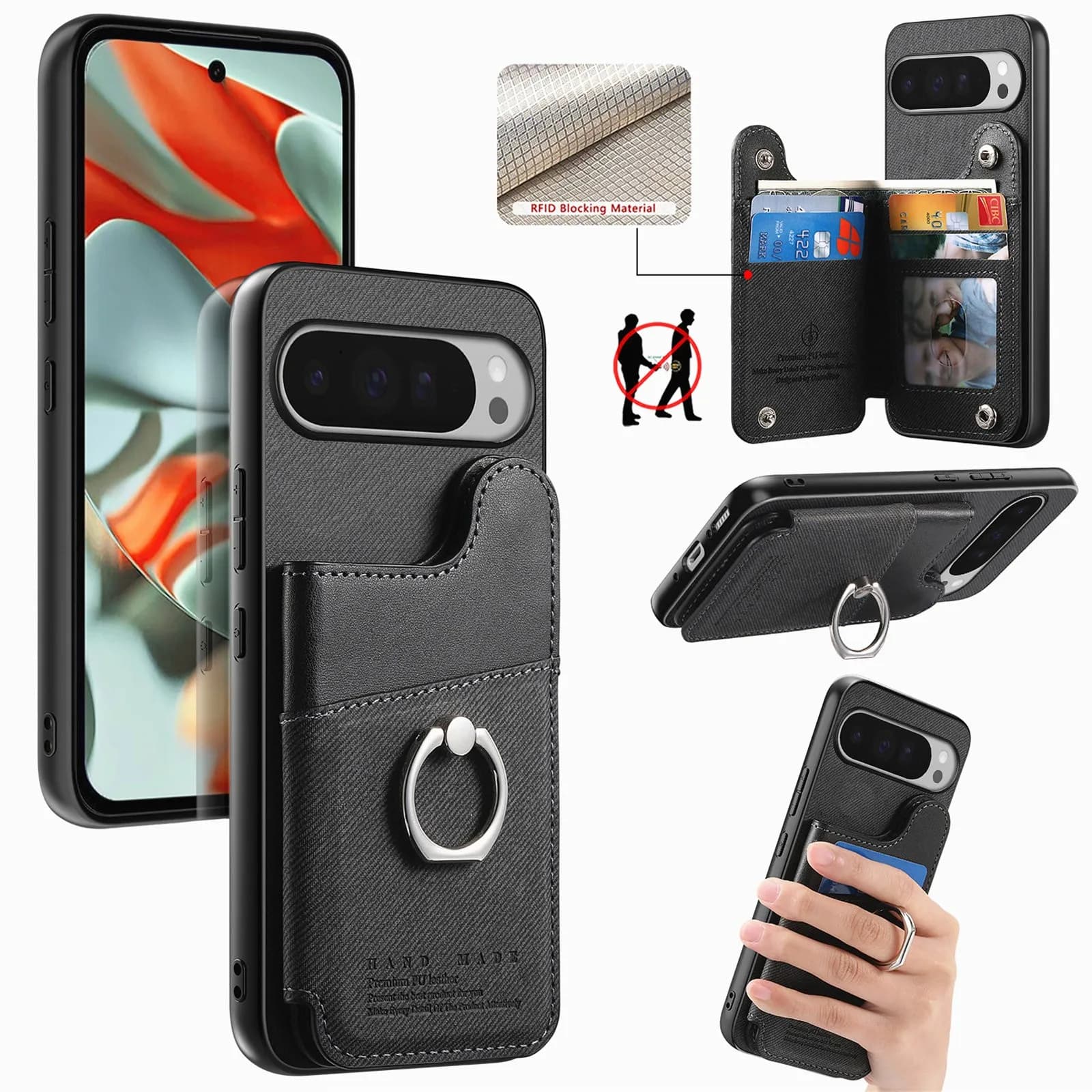 RFID Portafoglio in pelle Custodia per telefono Anello porta carte Slot per tasca per Google Pixel 10 Pro XL 9 Pro XL 9A Cavalletto Cover rigida Funda